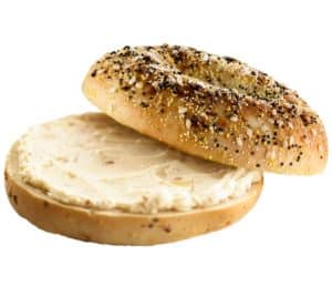 Toasted bagel with cream cheese, perfect for a quick breakfast.