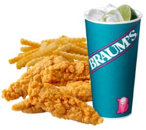 Crispy chicken strips with fries, a drink, and dipping sauce.