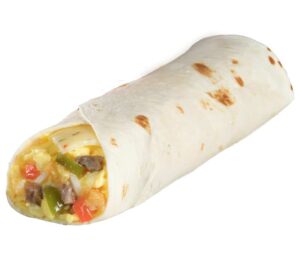 Large breakfast burrito filled with eggs, cheese, sausage, and vegetables.