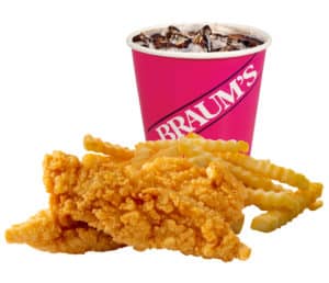 A kid’s meal with crispy chicken strips, crinkle-cut fries, a drink, and dipping sauce.