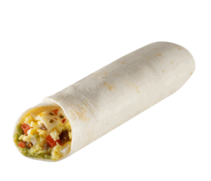 Breakfast burrito with eggs, cheese, sausage, and a Spanish-style salsa blend.