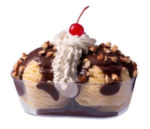 A delicious ice cream sundae topped with chocolate syrup, whipped cream, and a cherry.
