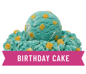 Blue cake-flavored ice cream with colorful sprinkles and cake pieces.