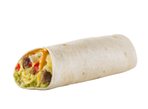 Breakfast burrito with eggs, cheese, sausage, and chipotle sauce.