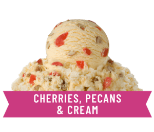 Creamy vanilla ice cream with cherries and crunchy pecans.