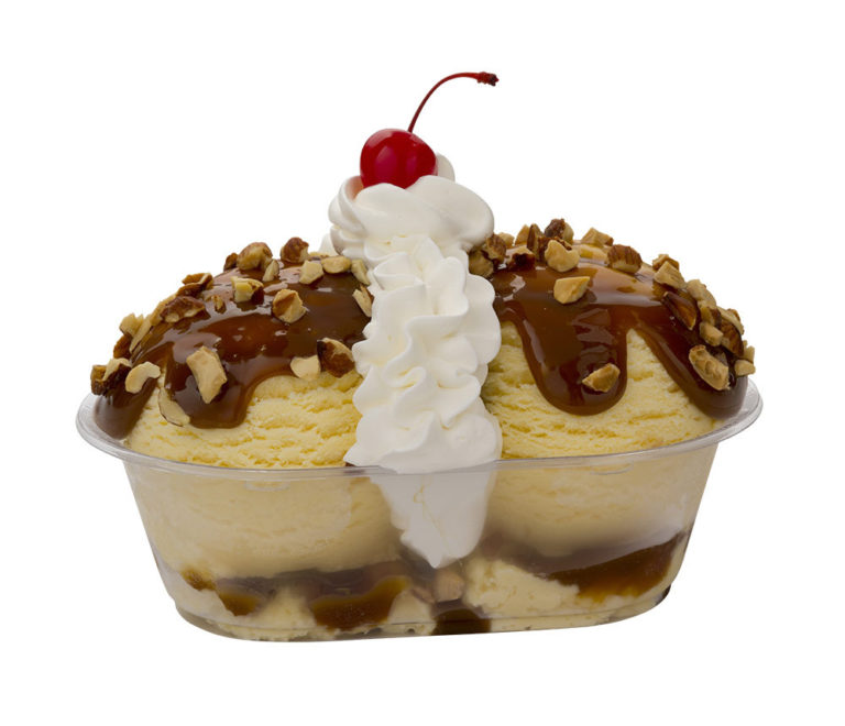 Braum’s Caramel Sundae drizzled with golden caramel and served with whipped cream