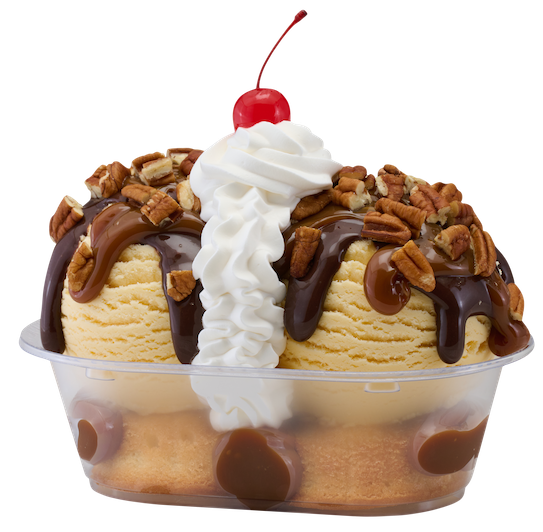 Braum’s Turtle Sundae with pecans, hot fudge, caramel, and vanilla ice cream