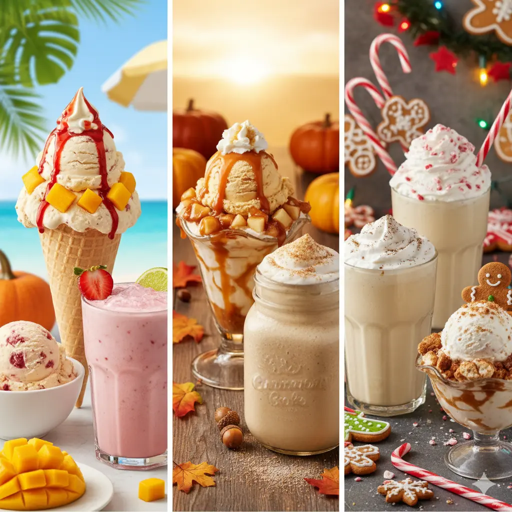 Braum’s seasonal ice cream and shakes collage – tropical summer mango cone, fall pumpkin caramel sundae, and holiday peppermint & gingerbread desserts.