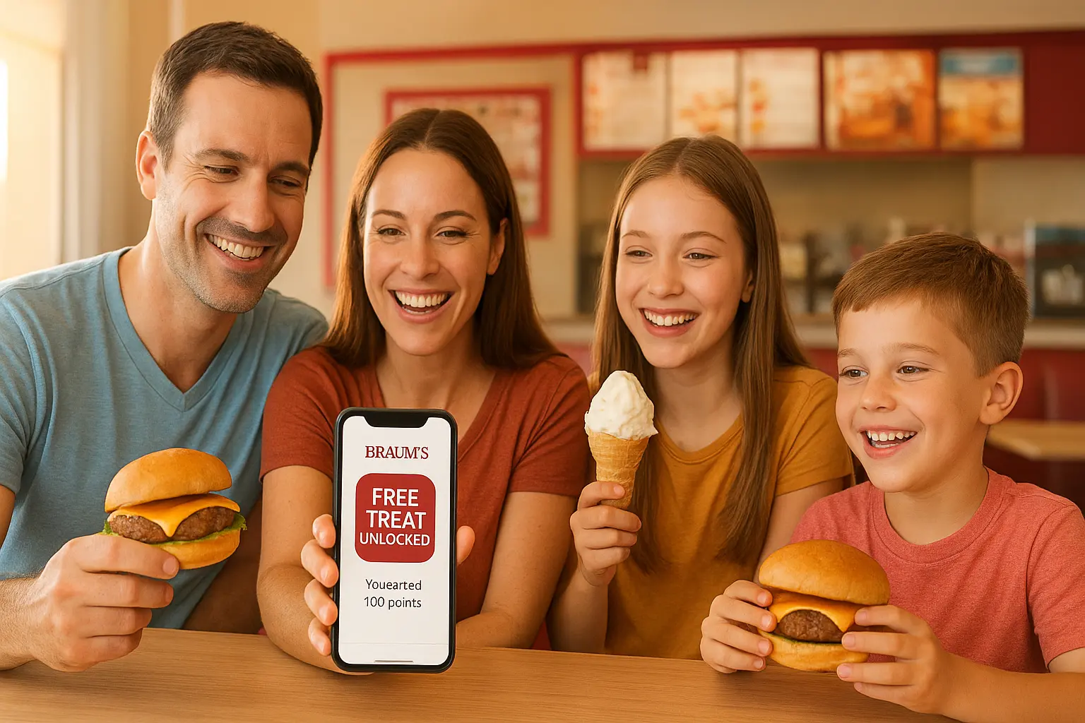Family enjoying Braum’s meals with Rewards App showing free treat.