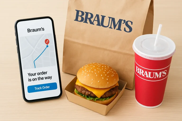 Braum’s burger, fries, and ice cream with calorie tracker flat-lay, healthy meal concept 2025.