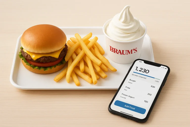 Healthy Braum’s meal with burger, fries, and frozen yogurt beside a smartphone showing calorie tracking — balanced nutrition flat-lay, 2025.