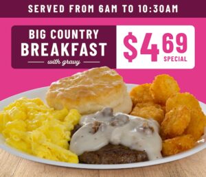 Braum’s Big Country Breakfast with bacon, eggs, biscuit, hash browns, and coffee served as a limited-time offer