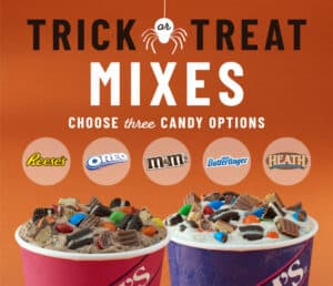 Braum’s Trick-or-Treat Mixes with Snickers, Twix, Milky Way, and M&M’s mini candies in a spooky 6-pack bag