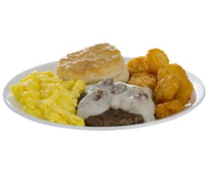Braum’s breakfast plate with eggs, biscuits, gravy, and hash browns from the Braum’s breakfast menu