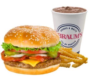 Braum’s combo meal with burger, fries, and chocolate shake from the Braum’s menu combos section